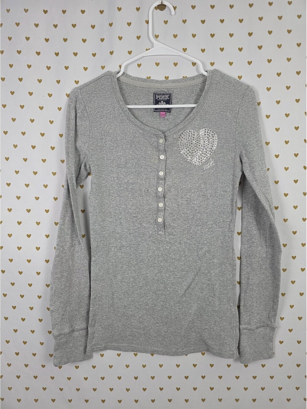 Victorias Secret PINK Vintage Y2k Grey Shimmer Bling Henley Long sleeve Shirt M